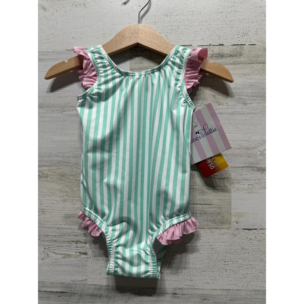 James & Lottie Swimsuit Girls 24M Mint Pink Striped Ruffle UPF 50+ NWT
